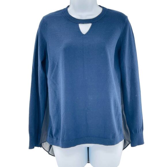 Karen Millen Blue Knit Front Black Sheer Back Keyhole Neck Long Sleeve Sweater 2 - Picture 1 of 8